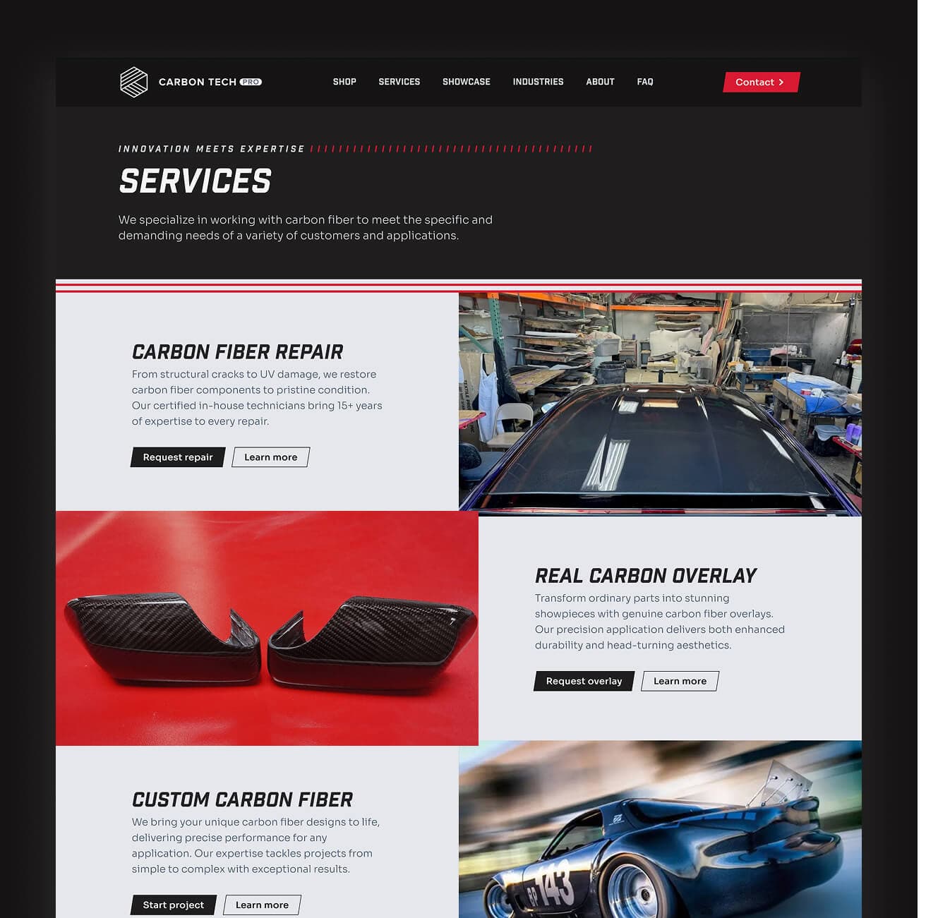 Carbon Tech website showing services including carbon fiber repair, overlays, and custom designs with supporting images. Carbon Tech website showing services including carbon fiber repair, overlays, and custom designs with supporting images.